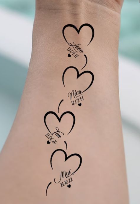 Grandchildren Tattoos, Grandma Tattoos, Tiny Wrist Tattoos, Cool Wrist Tattoos, Mom Tattoo Designs, Tattoos With Kids Names, Mommy Tattoos, Feather Tattoo Design, Tasteful Tattoos