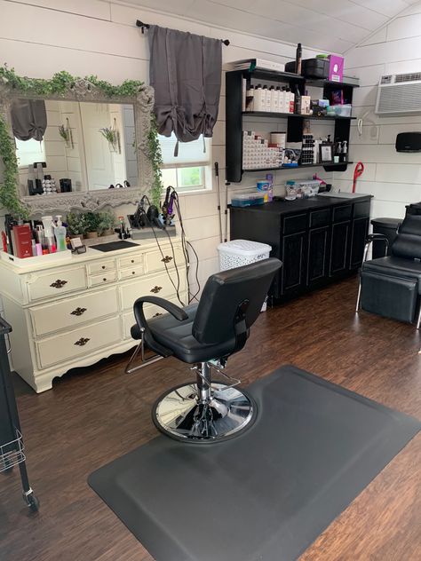 This is my home salon made from a 12x16 portable building! Dresser Salon Station, Portable Building Hair Salon, Home Salon Decorating Ideas Small, Hair Salon Booth Ideas, Hair Salon Station Ideas Small Spaces, Hair Salon At Home Ideas, Tiny Salon Ideas Small Spaces, At Home Salon Room, Home Hair Salon Decor