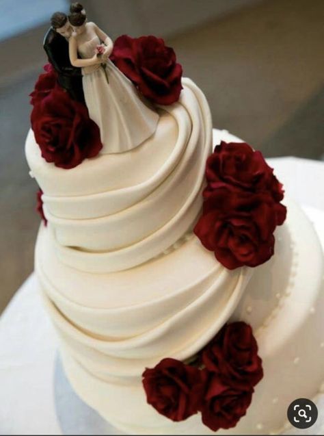 Wedding Cake Chocolate And White, Wedding Cake Red Flowers, Red Roses Wedding Cake, Burgundy And White Wedding Cake, Wedding Cake Dark Red, Red White Wedding Cake, Maroon Wedding Cake, White And Red Wedding Cake, Valentines Wedding Cake