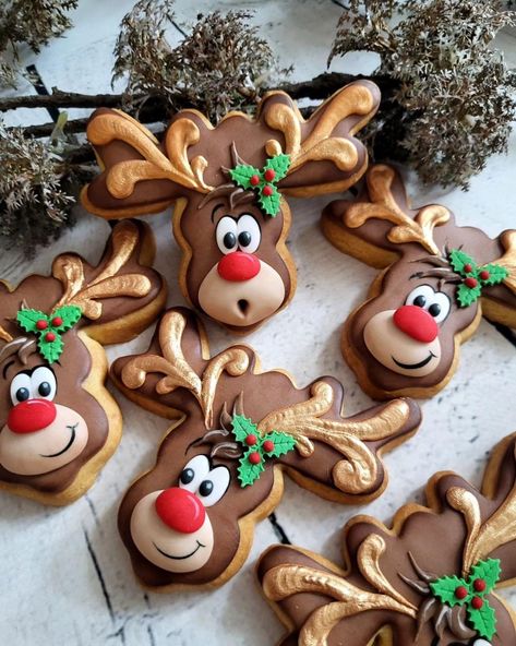 Reindeer Cookies Decorated, Reindeer Gingerbread Cookies, Iced Christmas Cookies, Christmas Cookie Cake, Christmas Sugar Cookies Decorated, Minnie Mouse Cookies, Instagram Cookies, New Years Cookies, Reindeer Cookies