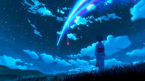 Your Name Anime Night Sky Gif, Your Name Gif Anime, Anime Night Gif, Anime Sky Gif, Night Sky Gif, Blue Anime Gif, Light Walkway, Kimi No Nawa, Summer Gif