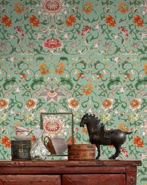 Chinese Floral Wallpaper in Green and Orange from the Eclectic Collect – BURKE DECOR European Eclectic, Eclectic Design Style, Eclectic Wallpaper, Chinese Green, Chinese Pattern, Mind The Gap, Botanical Wallpaper, Chinese Patterns, Eclectic Design