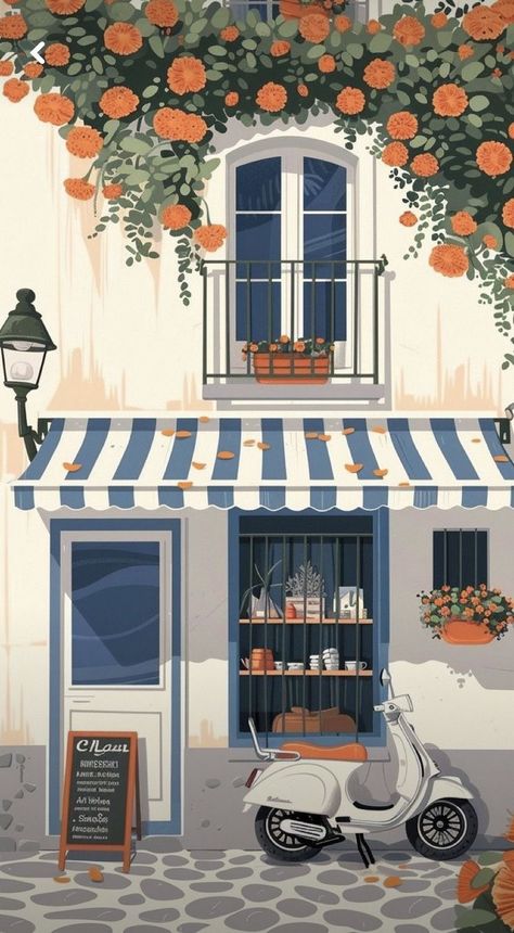 Italian Store Design, Italian Wallpaper Iphone, Wallpaper Vespa, Vespa Painting, Vespa Wallpaper, Cafe In Italy, Italian Background, Italy Vespa, Italian Drawings