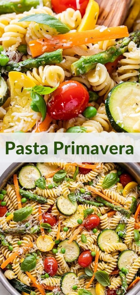 Pasta Primavera is the ultimate spring vegetable pasta! Asparagus, zucchini, carrots, peas, and cherry tomatoes are sautéed and tossed together with pasta and a light lemon sauce. A simple, fresh, and healthy pasta recipe for spring! #pastarecipe #pasta #pastaprimavera #healthydinner #healthypasta #dinnerrecipes #springrecipes Pasta Asparagus, Creamy Pasta Primavera, Asparagus Zucchini, Primavera Recipe, Carrot Pasta, Pasta Primavera Recipe, Spring Pasta, Healthy Pasta, Asparagus Pasta