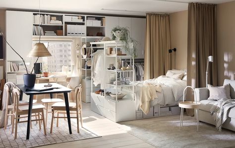 ikea small apartment Ikea Studio Apartment, Living Room And Bedroom Combo, Smart Room, No Closet Solutions, Ikea Bedroom, Multipurpose Room, Bed Frame With Storage, One Bedroom Apartment, Apartment Room