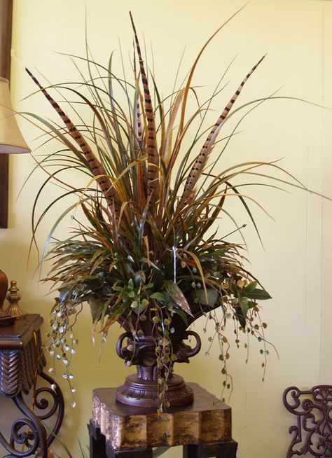 Grasses -Pheasant Feathers Floral Design NC120-10 : Floral Home Decor, silk… Feather Arrangements, Tuscany Decor, Sunflower Home Decor, Peony Arrangement, Sunflower Arrangements, Vase Deco, Silk Arrangements, Tuscan Design, Pedestal Vase