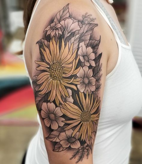 Black And Grey Tattoo With Hint Of Color, Black And Grey Tattoos With Color, Black And White Tattoo With Color Accent, Black And Grey Tattoo With Color Accents, Arm Tattoo Drawing, Upper Arm Floral Tattoo, Floral Upper Arm Tattoo, Black And Grey Floral Tattoo, Harmony Tattoo