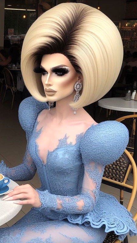 Drag Ponytail, Drag Queen Hairstyles, Amazing Makeup Transformation, Drag Queen Hair Wigs, Drag Queen Blue Dress, Drag Queen Wigs For Sale, Makeup Secret, Drag Queen Meme, White Blonde