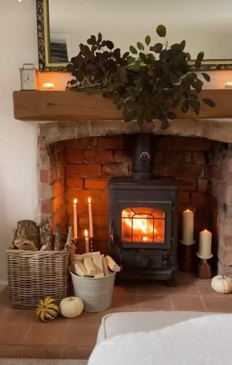 Log Burner Cottage, Cottage Log Burner, Log Fire Living Room, Cosy Rustic Living Room, Fireplace Ideas Cottage, Wood Burning Stove In Fireplace, Log Burners In Living Room, Fire Stove Living Room, Living Room Log Burner