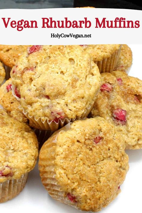 These delicious vegan rhubarb muffins are fluffy, moist, vanilla-scented and perfectly sweet with juicy, tart pockets of ruby-red rhubarb. Vegan Rhubarb Muffins, Rhubarb Vegan, Vegan Rhubarb, Strawberry Rhubarb Muffins, Rhubarb Bread, Dairy Free Muffins, Vegan Breads, Rhubarb Muffins, Rhubarb Desserts