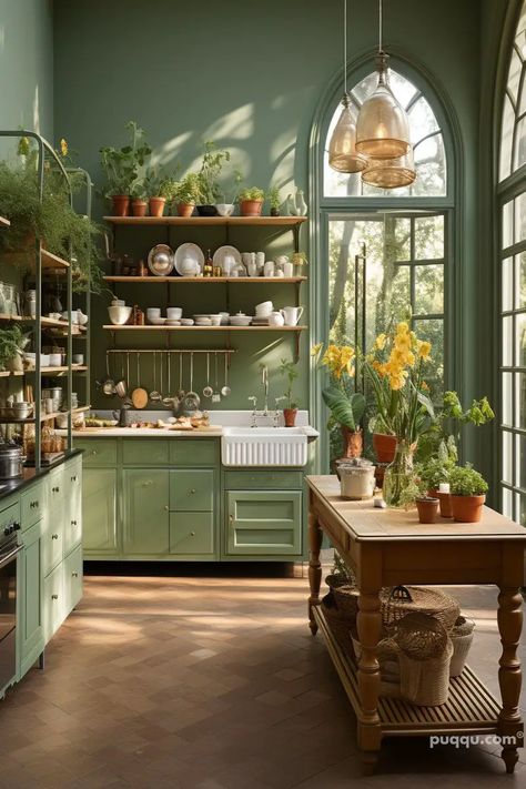 Green Kitchen Paint Ideas - Puqqu Terracotta Kitchen Floor, Green Kitchen Paint, Earthy Kitchen, Green Kitchen Designs, Dark Green Kitchen, Light Blue Kitchens, Blue Kitchen Cabinets, Kitchen Colour Schemes, Kitchen Farmhouse