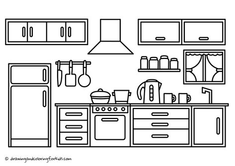 Coloring Page Kitchen | Drawing Kitchen Cabinets | Kitchen Coloring Page Kitchen Cabinets Drawing, Kitchen Cartoon, Kitchen Background, Kitchen Drawing, House Colouring Pages, Kid Coloring Page, Interior Design Drawings, صفحات التلوين, Aktivitas Montessori