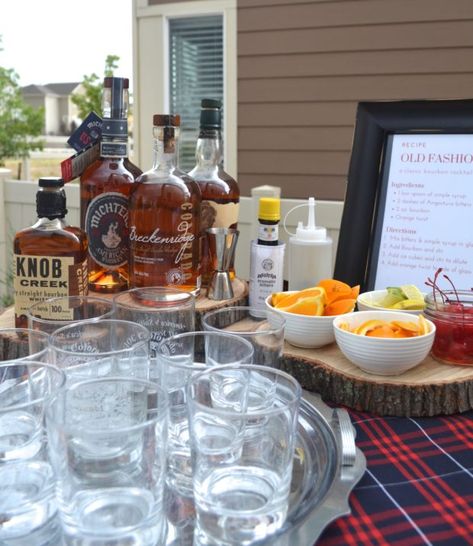 Bourbon And Barbeque Party, Bourbon 30th Birthday, Make Your Own Old Fashioned Bar, 40th Birthday Ideas For Men Whiskey, Whisky Bar Party Ideas, 30th Birthday Bourbon Theme, Old Fashion Bar For Party, Bourbon 50th Birthday Party, Backyard Party Ideas For Men