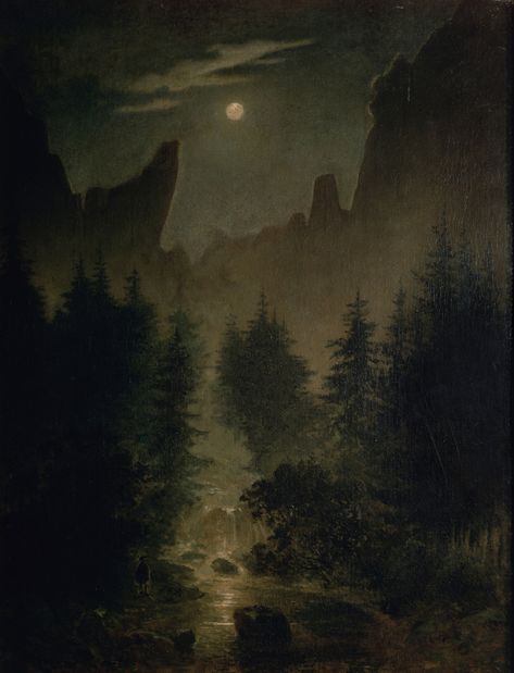 Uttewalder Grund Caspar David Friedrich circa 1825 oil on canvas 91.5 × 70.5 cm David Friedrich, Caspar David Friedrich, Arte Van Gogh, Painting Reproductions, Ethereal Art, Landscape Wall Art, Dark Art, Full Moon, Classic Art