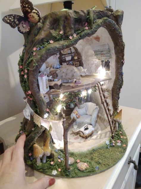 Miniature Fairy House, Paper Mache Tree, Paper Mache Dolls, Fairy House Crafts, Fairy Lanterns, Mouse Crafts, Fairy Garden Designs, Mouse House, Paper Doll House