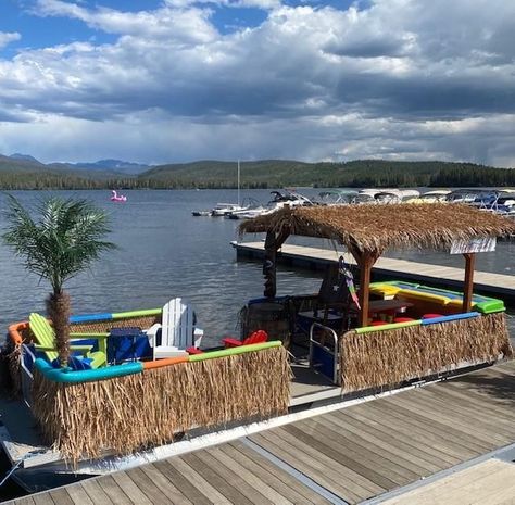 Tiki Bar Boat, Pontoon Makeover, Floating Tiki Bar, Tiki Boat, Colorado Attractions, Diving Lessons, Parade Ideas, Boat Parade, Pontoon Boats