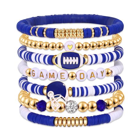 PRICES MAY VARY. ღ Game Day Bracelet: Finish off your game day outfits with our heishi bracelet set. Make a statement and celebrate your team's kickoff in style with these clay beaded stretch bracelet in your team colors, features football team colored disc clay beads, massage ‘GAME DAY’ and football charms, helmet charms and jersey charms strung on elastic bands. The perfect football accessories for sororities, college football games, high school or youth football games, and youth or high schoo Football Mom Accessories, Football Good Luck Gifts, Football Favors For Players, Team Beaded Bracelets, Football Beaded Bracelets, Blue And Gold Bracelets, Hieshi Clay Bracelets, Game Day Accessories, Game Day Bracelets