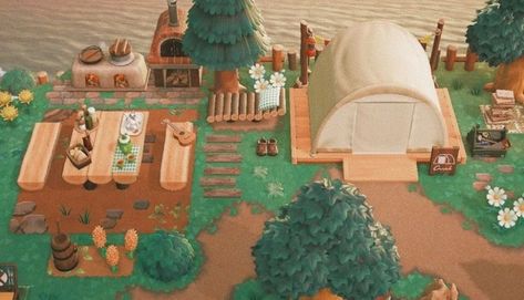 Camp Ideas Animal Crossing, Animal Crossing Island Inspiration Campsite, Animal Crossing Island Decoration, Animal Crossing Camp Ideas, Animal Crossing Rustic Theme, Animal Crossing Inspiration Island, Acnh Island Decor, Acnh Simple Ideas, Campsite Acnh Ideas