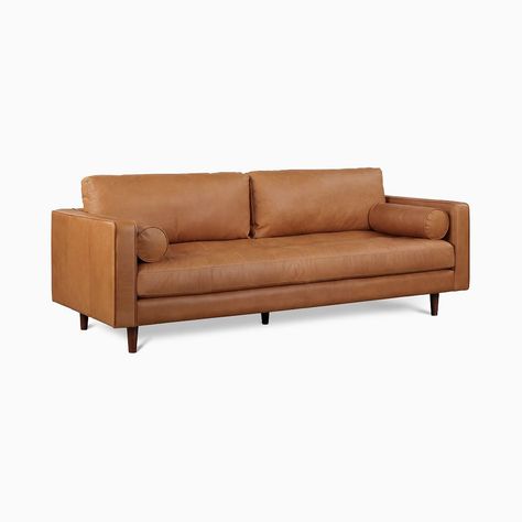 Dennes Leather Sofa (In-Stock & Ready to Ship) | West Elm Tan Leather Couch, Feather Wrap, Tan Leather Sofas, Compact Sofas, Bolster Pillows, Unique Sofas, Salon Suites, Stylish Curtains, Office Inspo