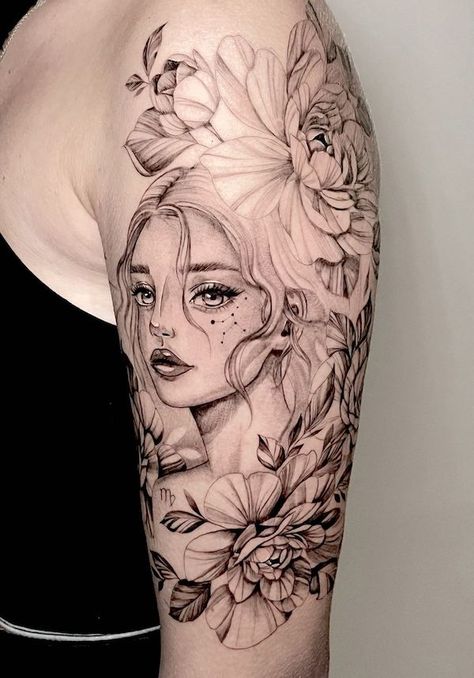 Sleeve With Portrait Tattoo, Goddess Tattoo Design Virgo, Virgo Half Sleeve Tattoos, Virgo Sleeve Tattoo Women, Astrology Sleeve Tattoos For Women, Virgo Goddess Tattoos For Women, Warrior Tattoo Design For Men, Virgo Sleeve Tattoo, Virgo Tattoo Goddesses