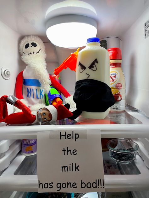 The Milk Has Gone Bad Elf On The Shelf, Elf On The Shelf Milk Gone Bad, Bad Elf, Christmas Dreaming, The Elf, Cleaning Supplies, Elf On The Shelf, Elf, Shelves