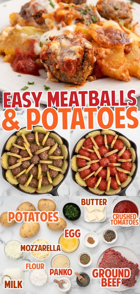 Meatballs and Potatoes Potato And Meatball Recipes, Meatball And Potato Casserole, Meatballs And Rice Recipe, Pork And Beef Meatballs, Meatballs And Potatoes, Meatball Dinner, Gold Potatoes, Ground Beef Dishes, Meatballs Easy