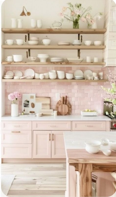 Pink And Wood Kitchen, Modern Pink Kitchen, Pink Kitchen Ideas, English Cottage Kitchens, Rustic Kitchen Ideas, Light Wood Kitchens, Kitchen Cupboards Paint, Pink Cottagecore, Cottagecore Kitchen