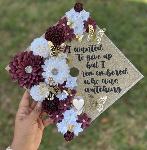 Butterfly And Flower Graduation Cap, I Almost Gave Up Graduation Cap, Graduation Cap Designs With Flowers, Graduation Cap Designs Gold, Graduation Cap For Moms, Graduation Cap Designs For Moms, Graduation Cap Designs Flowers, Christian Graduation Cap Ideas, Mom Graduation Cap