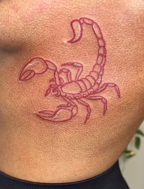 Scorpio outline tattoo in red with white highlights on rib cage. Scorpio Tattoo Neck, Scorpio Rose Tattoo, Red Scorpion Tattoo, Scorpio Tattoo Ideas, Tattoo Planning, Small Face Tattoos, Scorpio Zodiac Tattoos, Brother Sister Tattoo, Bookish Tattoos