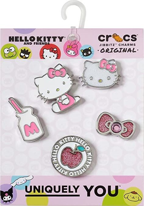 5-Pack Hello Kitty Crocs Charms: Say hello to your super cute Sanrio friends! Featuring Hello Kitty, Kuromi, My Melody, Cinnamoroll, Pompompurin, Charmmy Kitty, and Chococat. Jibbitz Charms Fit Any Crocs Shoes: Personalize your favorite pair of Crocs with Jibbitz. Compatible with Crocs clogs, lined clogs, slides, sandals, platforms, or boots. Fit adults and kid styles. Jibbitz Crocs, Pink Crocs, Hello Kitty Shoes, Charmmy Kitty, Crocs Jibbitz, Hello Kitty And Friends, Croc Charms, Shoe Charms, Christmas Wishlist