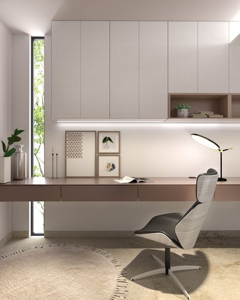 A clean minimal study corner with a blend of natural and artificial lighting. muted tones and minimal converge. Study Corner Design, Corner Desk Vanity Combo, Minimalistic Study Room, Minimal Study Room, Built In Study Desk, Desk Lighting Ideas, Office Corner Table, Minimalist Study Room, Desk/vanity Combo