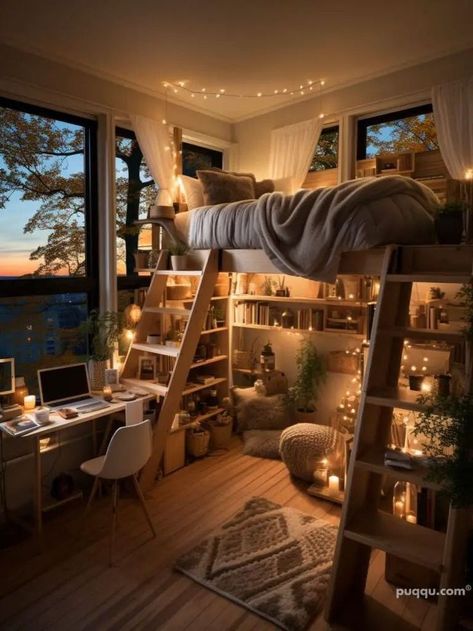 Small Loft Room Ideas, Loft Bed Ideas For Small Rooms Space Saving, Bunkbed Bedroom Ideas, Loft Bed Ideas, Luxury Dorm Room, Loft Beds For Small Rooms, A Loft Bed, Dream Bedroom Inspiration, Dream Dorm