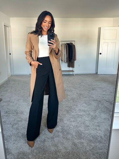 Long Coat Office Outfit, Posh Office Outfit, Wide Leg Jeans Office Outfit, Cream Wide Leg Trousers Outfit, Wide Leg Office Outfit, Trench Coat Work Outfit, Bodysuit Work Outfit, Assistant Principal Outfits, Cream Bodysuit Outfit