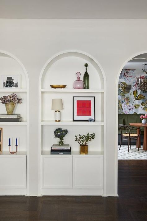 Niche Ideas Living Room, Wall Niche Ideas Living Room, Arched Alcove, Wall Niche Ideas, Marble Top Accent Table, Arched Doorway, Oak Floating Shelves, Remodel Basement, Built In Cabinet