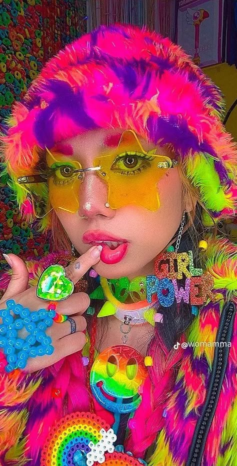 Acid Pixie Aesthetic, Acid Aesthetic, Cybr Grl, Pixie Aesthetic, Kid Core Aesthetic, Harajuku Decora, Decora Fashion, Kandi Kid, Fest Outfits