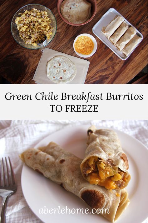 Green Chile Breakfast Burritos to Freeze - Aberle Home Breakfast Burritos To Freeze, Burritos To Freeze, Breakfast Wraps Freezer, Green Chili Breakfast, Vegetarian Green Chili, Green Chile Breakfast, Easy Green Chili, Chili Breakfast, Uncooked Tortillas