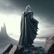 זיוז-י-ו: A mysterious man in a gray cloak stands on the edge of the world and looks into the future, Over the shoulder point of view, Stone Statue Cloak Back View, Cloaked Figure Fantasy Art, Man In Cloak, Emrys Aesthetic, Cloaked Man, Dnd Poster, White Cloak, Mysterious Man, Book Vibes