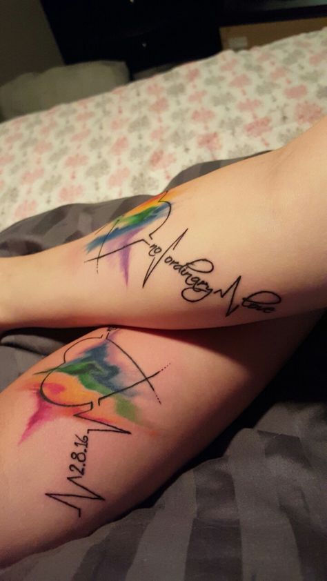 Gay couple tattoo 😍❤ #LesbianLove Lesbian Couple Tattoos Matching, Lesbian Couple Tattoos, Couple Tattoos Matching, Wedding Date Tattoos, Matching Couple Tattoo, Lesbian Tattoo, Skull Couple Tattoo, Matching Tattoos For Couples, Couple Tattoo Ideas