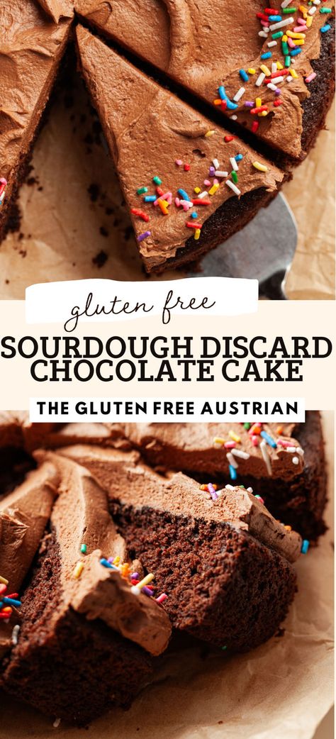 This gluten free sourdough chocolate cake is a unique twist on the traditional gluten free chocolate cake, incorporating gluten free sourdough starter into the batter to add depth of flavor and moisture. Topped with a rich dark chocolate frosting, this one-bowl chocolate layer cake is the perfect everyday cake. Gluten Free Sourdough Cake, Gluten Free Sourdough Desserts, Sourdough Discard Gluten Free Recipes, Gluten Free Sourdough Recipes, Gluten Free Sourdough Discard Recipes, Gluten Free Sourdough Discard, Sourdough Chocolate Cake, Sourdough Discard Recipe, Gluten Free Chocolate Desserts