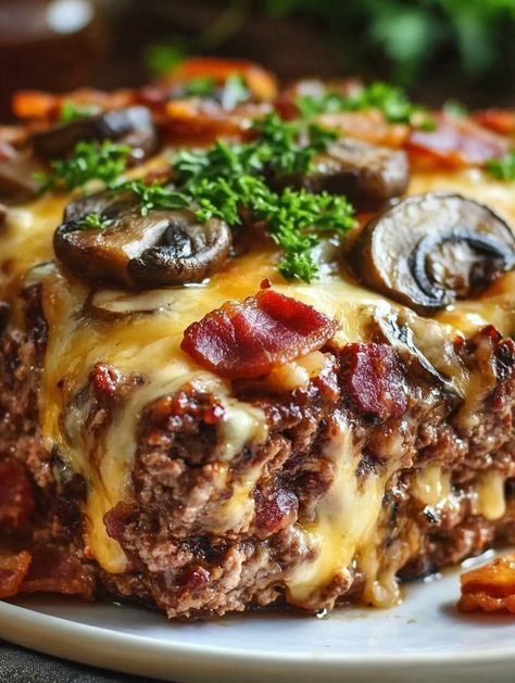 Bacon Mushroom Swiss Cheese Meatloaf - Lady Recipes Meatloaf And Bacon Recipes, Bacon Swiss Cheese Meatloaf, Swiss Cheese Meatloaf, Bacon Mushroom Swiss Cheese Meatloaf Recipe, Cream Cheese Meatloaf, Mushroom Bacon Swiss Meatloaf, Hamburger Meatloaf Recipes, Bacon Swiss Mushroom Meatloaf, Swiss Mushroom Meatloaf