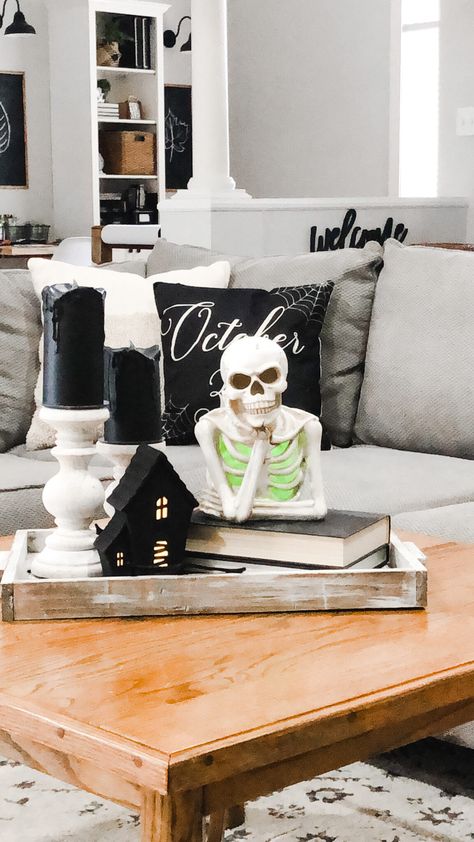 Easy Halloween Table Decorations - White Oak Shop Coffee Table Halloween Decor, Window Console Table, White Entry Table, Halloween Entry Table, Halloween Party Centerpieces, Halloween Vignette, Scary Houses, Table Halloween, Fall Coffee Table