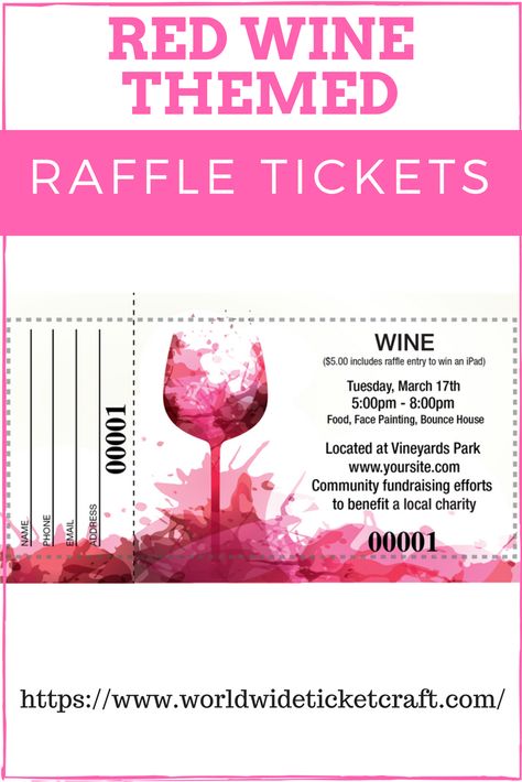 Whether it be a fundraiser, charity or social event, everyone loves a raffle! Our red wine themed tickets are classy and bold and are sure to grab every wine lovers attention. Let our raffle tickets get the dollars flowing. Design your own ticket or customize ours. Either way, we will print your tickets within 5 business days. Guaranteed. Wine Raffle, Raffle Ticket, Fundraiser Raffle Tickets, Free Raffle Ticket Template Editable, Raffle Ticket Template Free, Wine Tasting Events, House Names, Raffle Tickets, Charity Event