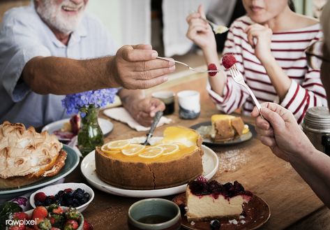 People enjoying a large selection of desserts | premium image by rawpixel.com People Eating Cake Photography, Loft Photoshoot, Flowers Birthday Cake, Dessert Photography, French Patisserie, Flowers Birthday, Hand Flowers, Family Eating, Roll Cake