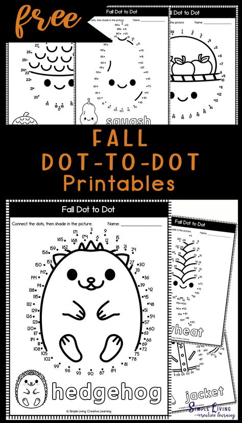 With these fun Fall Dot-to-Dot Printables, children will enjoy working on their math skills as well as their fine motor skills. https://simplelivingcreativelearning.com/fall-dot-to-dot-printables/