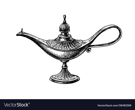 Magic Lamp Tattoo, Oil Lamp Drawing, Lamp Vector, Magical Lamp, Lamp Tattoo, Simple Sketches, Genie Lamp, Magic Lamp, Hand Drawn Vector Illustrations