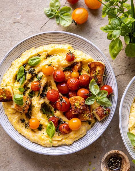 Halloumi Dinner, Pesto Polenta, Vegan Fodmap, How To Cook Polenta, Fried Halloumi, Polenta Recipes, Vegan Vibes, Creamy Pesto, Roasted Cherry Tomatoes