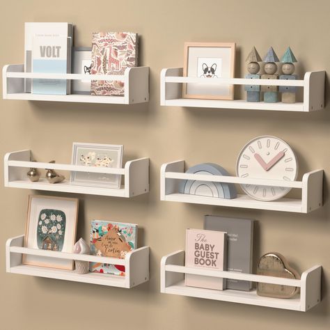 PRICES MAY VARY. Designed with Your Budget: Elevate your nursery or toddler room with our budget-friendly wall-mounted floating shelves set of 3. Unleash the potential of these identical yet unique white wall shelves that offer unbeatable value. Wooden kids room shelves are designed to defy convention, embracing creativity by installing them in different orientations, even upside down, for a refreshing and dynamic look. Sturdy Reliable Elegance: Baby bookshelves are constructed with durable soli