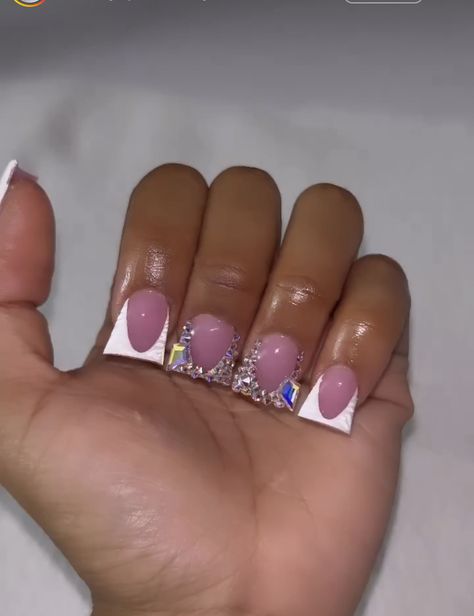 Duck Shape Nails French Tip, Short Nails Rhinestones Design, Duck Nail Inspiration, Duck Nails With Rhinestones, Shortie Duck Nails, Short Duck Nails Acrylic Y2k, Duck Short Nails, Nail Designs Girly, Short Duckie Nails