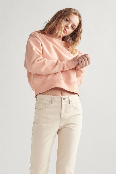 Peach Sweatshirt, Peach Sweater, Alana Champion, Chunky Turtleneck Sweater, Cropped Crewneck, Camel Sweaters, Blue Peach, Crop Sweatshirt, High Waisted Trousers