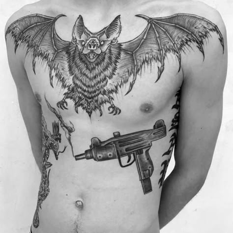 Bat Chest Tattoo, Chest Tattoos For Men, Wing Tattoo Men, Hipster Tattoo, Gangsta Tattoos, Bat Tattoo, Cool Chest Tattoos, Kawaii Tattoo, Fire Tattoo